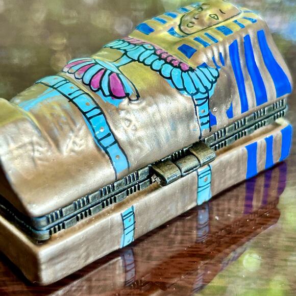 Egyptian Sarcophagus Trinket Box – Hand-Painted Hinged Porcelain Miniature - Picture 4 of 14